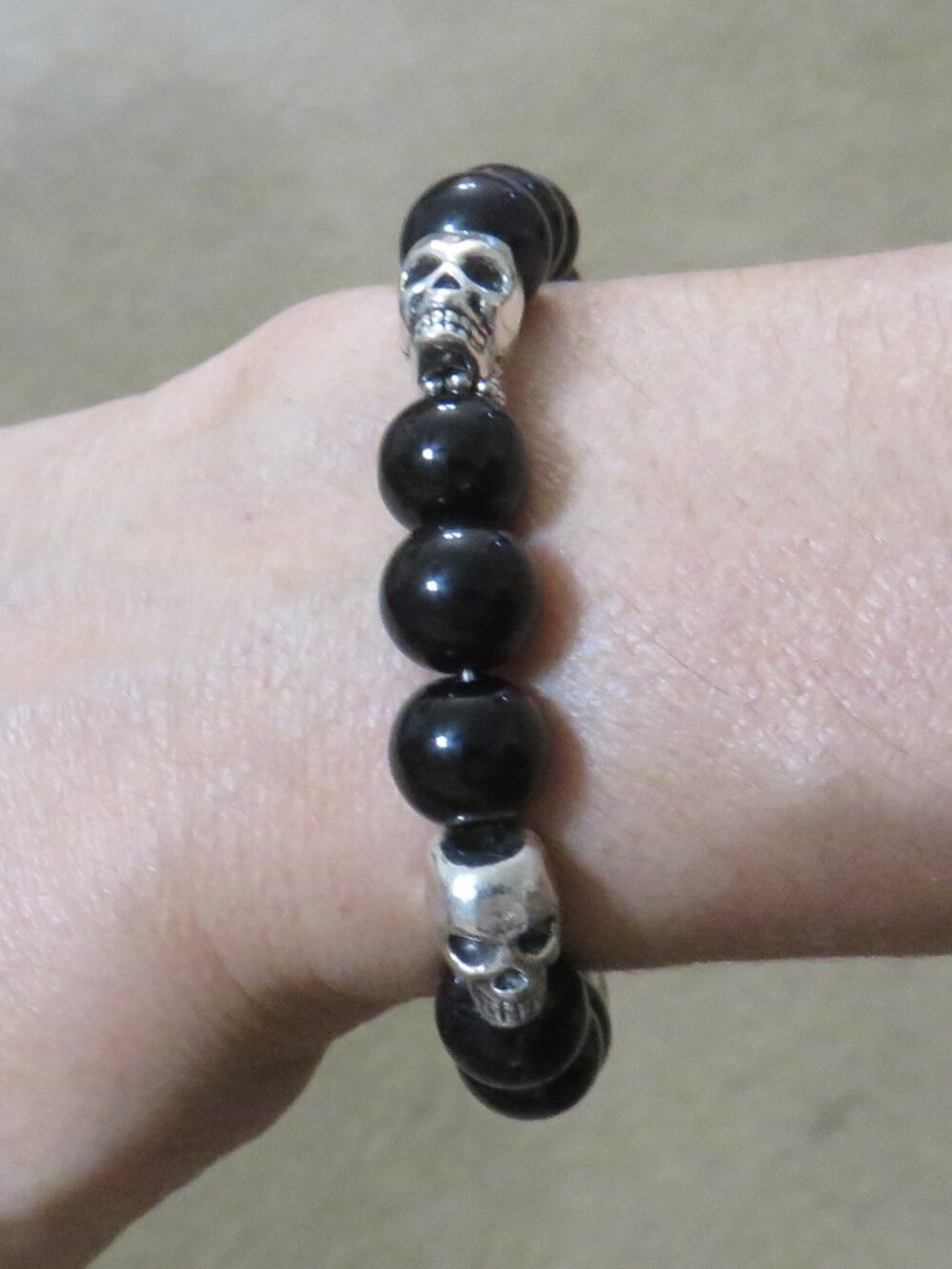 Skull and Black Bead Stretch Bracelet